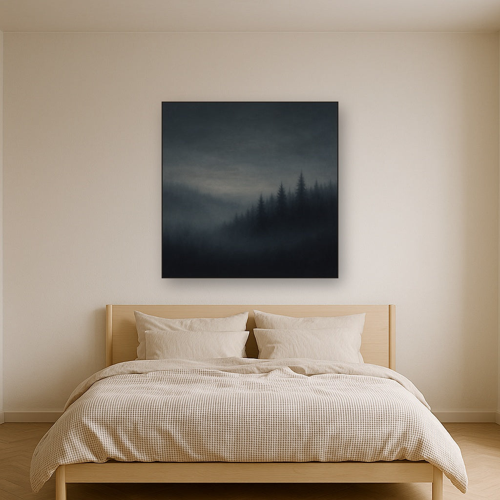 Dusk over Silent Pine Ridgeline in Charcoal Fog No. 5 Oil Painting Staged Above Master Bed in Bedroom, Calming Neutral Hand Painted Oil Art