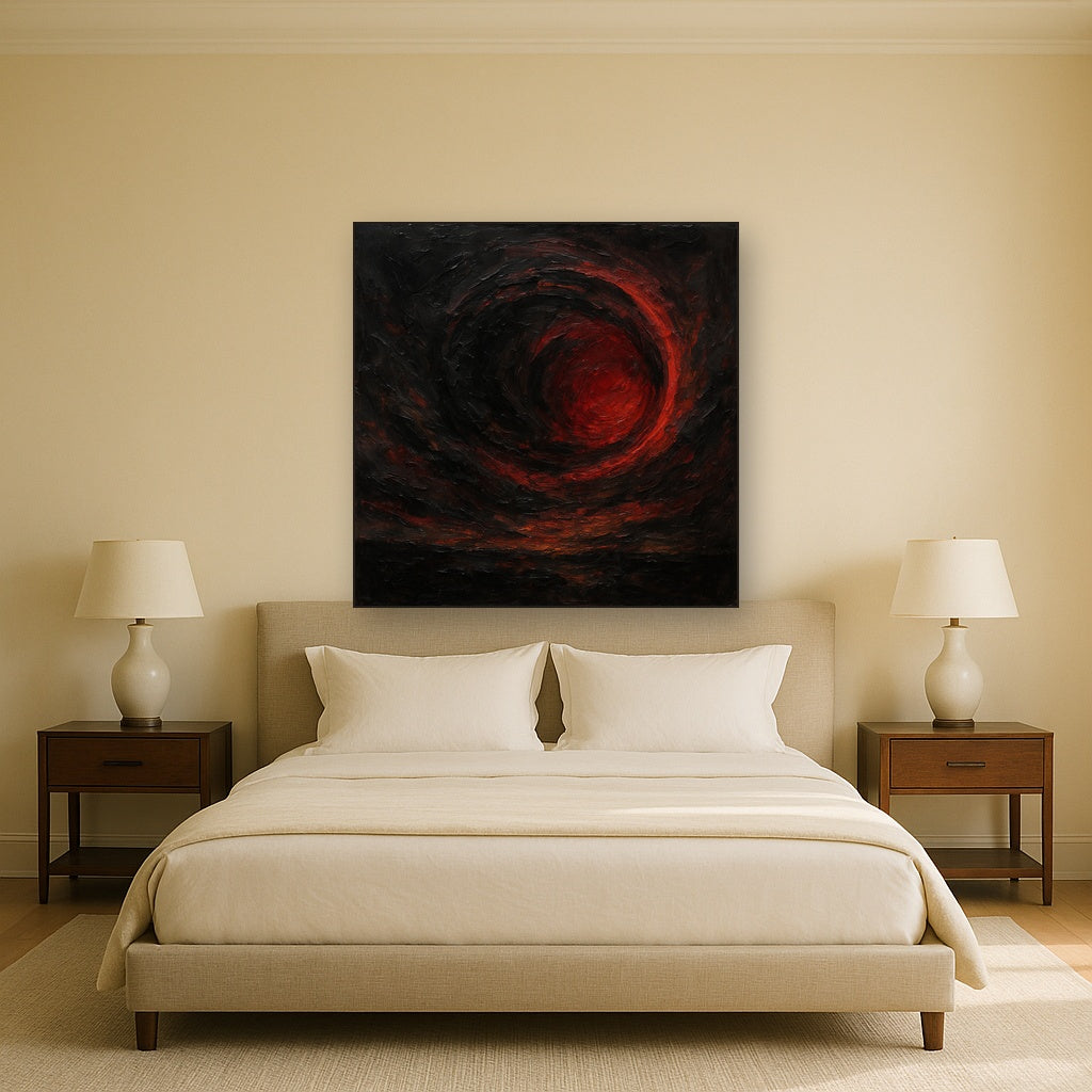 Midnight Onyx & Crimson Eclipse No. 5 Oil Painting - Styled in Master Bedroom