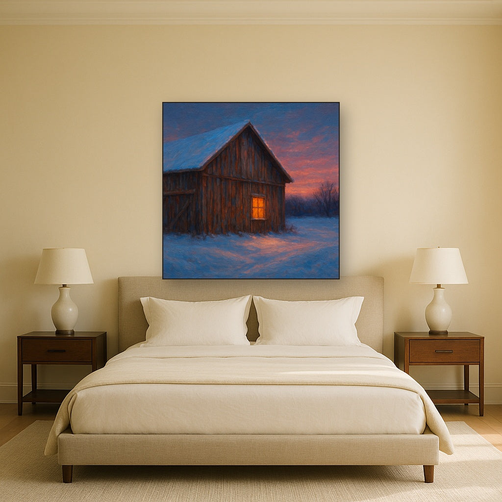 Rustic Wooden Barn in Quiet Winter Twilight No. 7 Fine Art Oil Painting - View 3