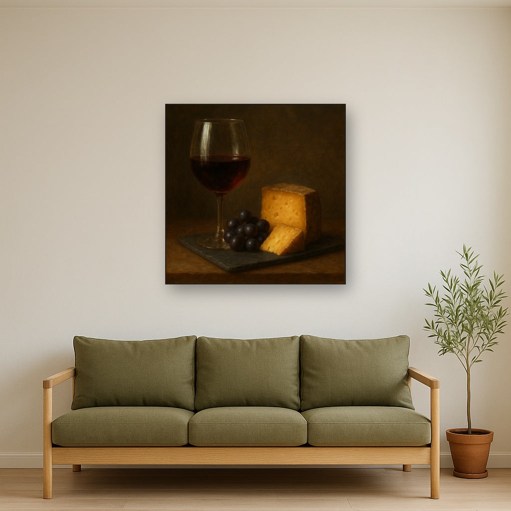 Burgundy Wine Glass & Aged Cheese Board No. 2 Oil Painting - View 3