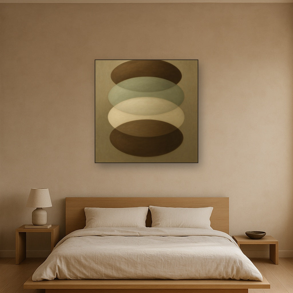 Floating Ellipse Harmony in Walnut & Pale Sage No. 5 Oil Painting Staged Above Master Bed in Bedroom, Calming Neutral Hand Painted Oil Art