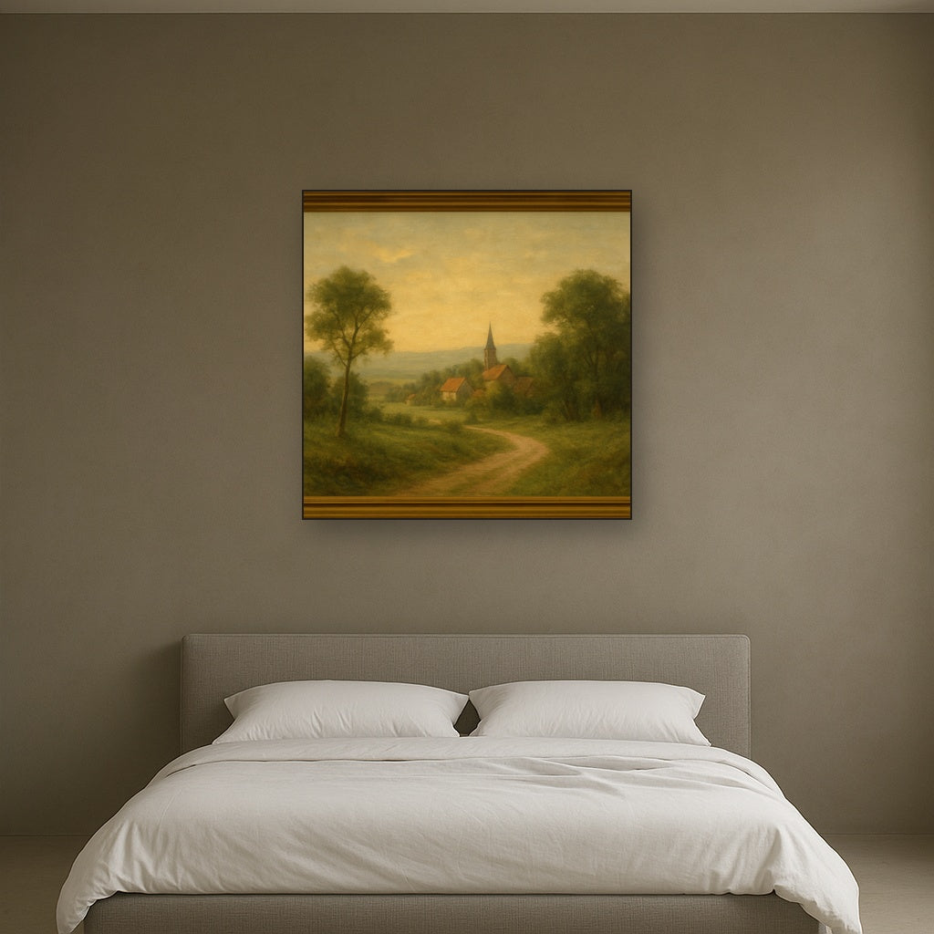 Rome Piazza Fountain in Morning Sunlight No. 6 Oil Painting Staged Above Master Bed in Bedroom, Calming Neutral Hand Painted Oil Art