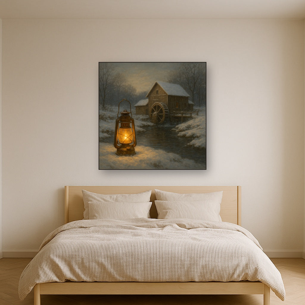 Snowy Mill Stream & Glowing Lantern No. 10 Oil Painting - View 3