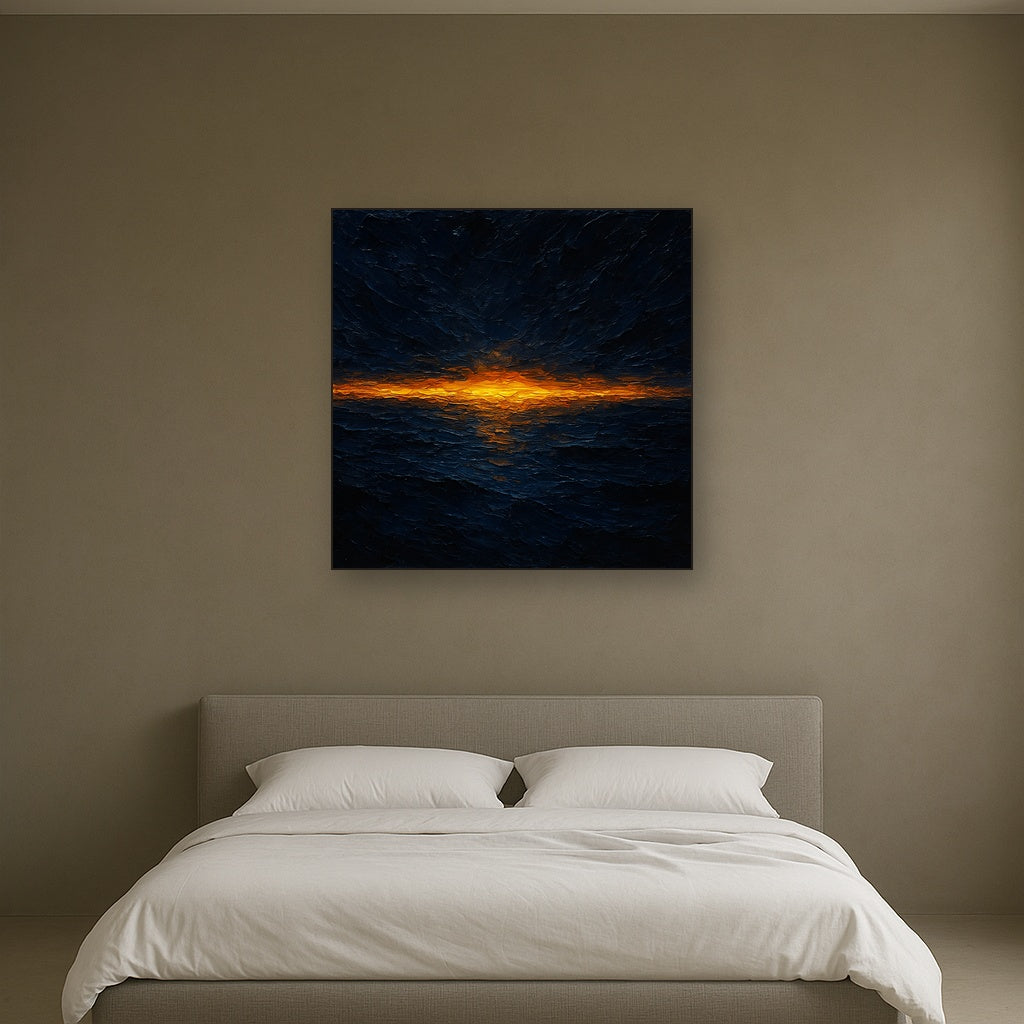 Luminescent Horizon Modern Abstract Oil Painting - Styled in Master Bedroom