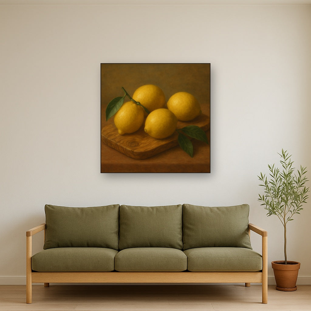Meyer Lemons on Olive Wood Board No. 3 Oil Painting Staged Above Master Bed in Bedroom, Calming Neutral Hand Painted Oil Art