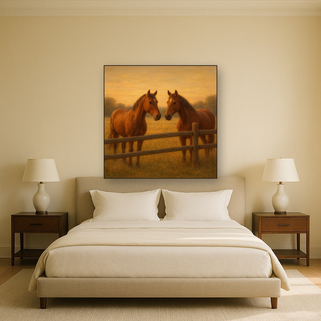 Two Horses at Rustic Post & Rail Fence No. 5 Oil Painting Staged Above Master Bed in Bedroom, Calming Neutral Hand Painted Oil Art
