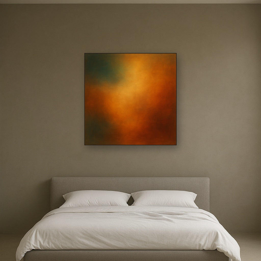 Deep Topaz & Spiced Terracotta Glow No. 13 Oil Painting Staged Above Master Bed in Bedroom, Calming Neutral Hand Painted Oil Art