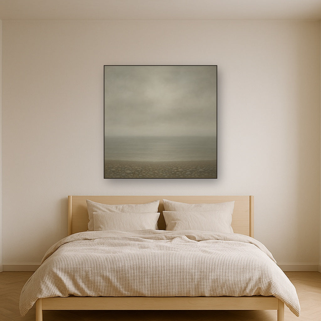 Overcast Coastal Fog & Wet Pebble Shingle No. 11 Oil Painting Staged Above Master Bed in Bedroom, Calming Neutral Hand Painted Oil Art