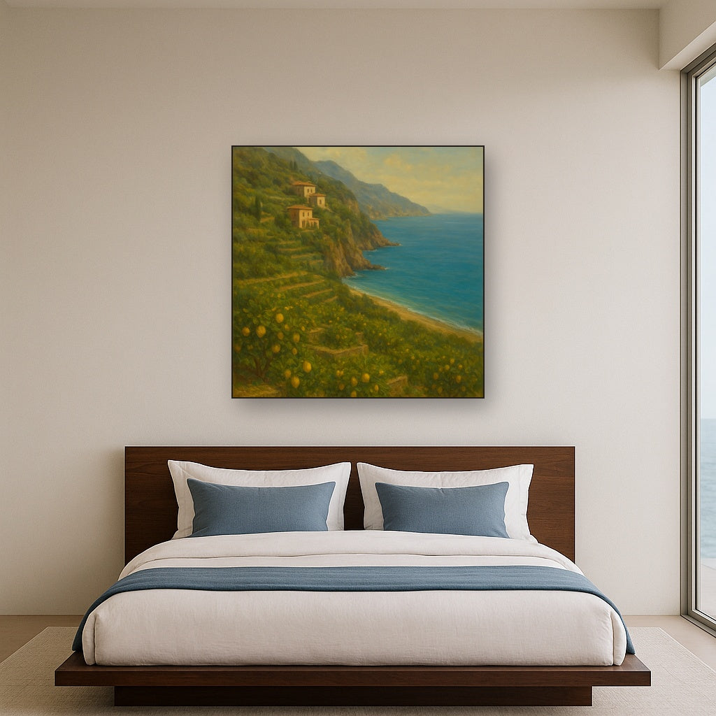 Italian Amalfi Coastline Terraces & Lemon Grove No. 3 Oil Painting Staged Above Master Bed in Bedroom, Calming Neutral Hand Painted Oil Art