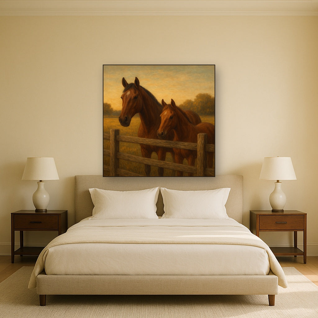 Two Horses at Rustic Post & Rail Fence No. 9 Oil Painting - View 3