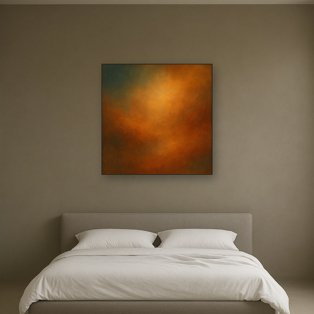Deep Topaz & Spiced Terracotta Glow No. 20 Oil Painting Staged Above Master Bed in Bedroom, Calming Neutral Hand Painted Oil Art