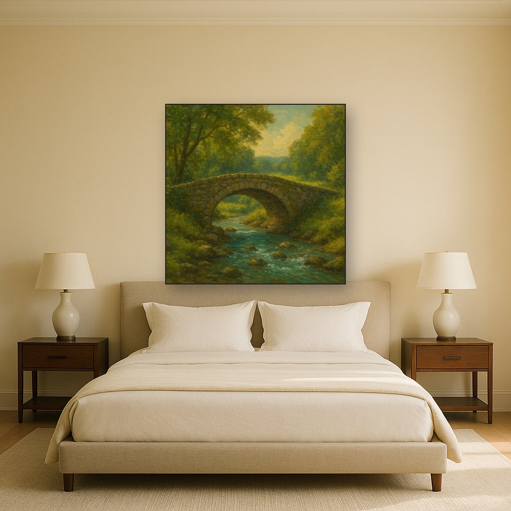 Old Stone Bridge over Bubbling Country Stream Fine Art Oil Painting - View 3