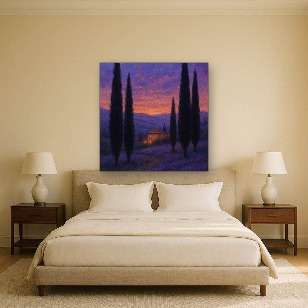 Tuscan Cypress Twilight Landscape Oil Painting - View 3