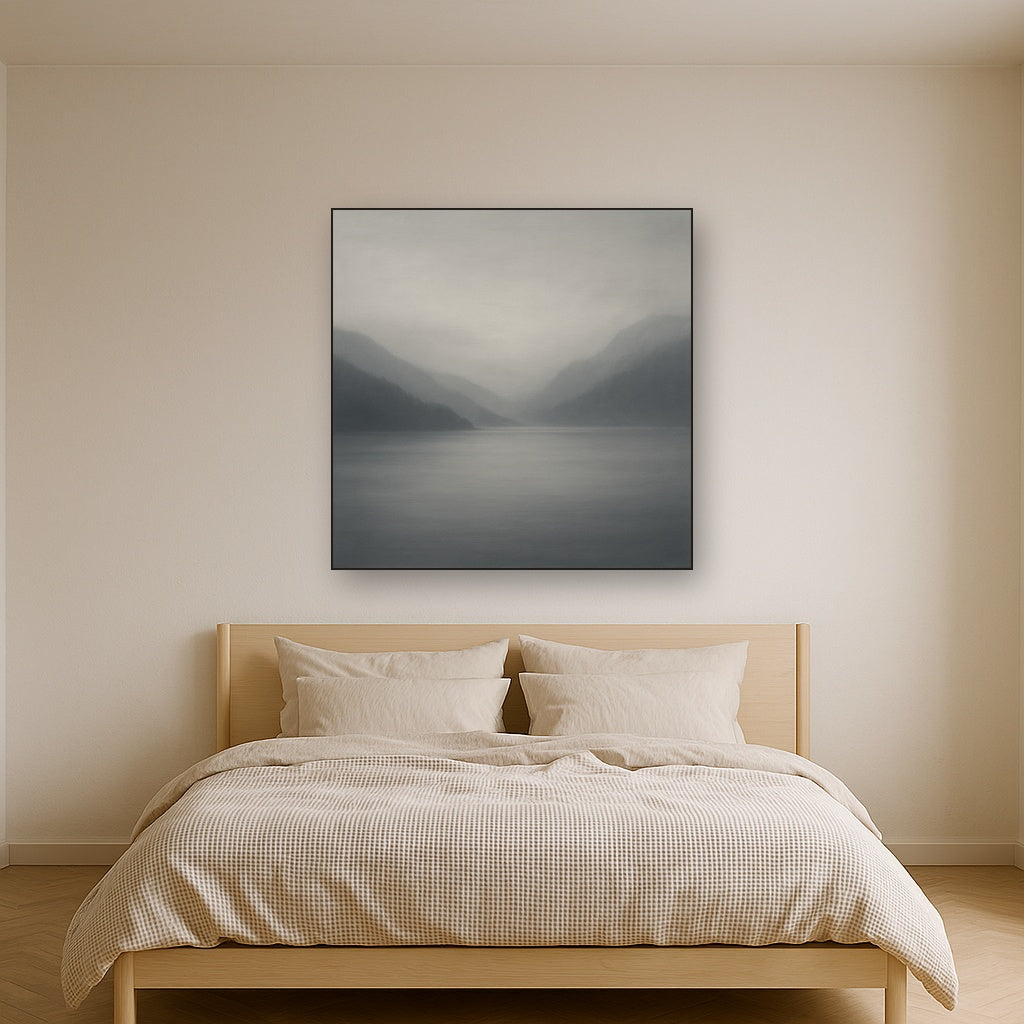 Misty Fjord Horizon in Monochromatic Slate No. 19 Oil Painting Staged Above Master Bed in Bedroom, Calming Neutral Hand Painted Oil Art