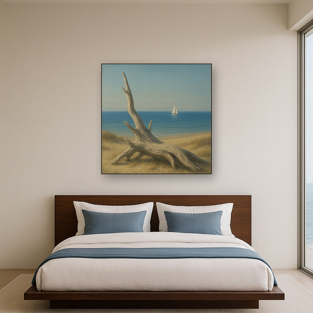 Sun-Bleached Driftwood & Distant Sailboat No. 9 Oil Painting Staged Above Master Bed in Bedroom, Calming Neutral Hand Painted Oil Art