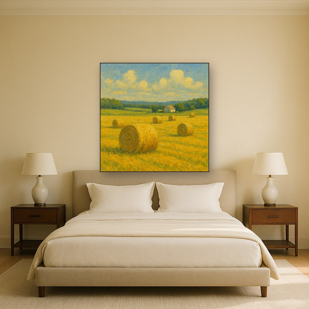 Rolling Meadow Hay Bales Horizon No. 3 Oil Painting - Styled in Master Bedroom