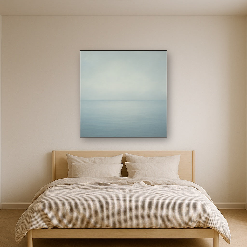 Glass Horizon over Quiet Arctic Waters No. 17 Oil Painting Staged Above Master Bed in Bedroom, Calming Neutral Hand Painted Oil Art