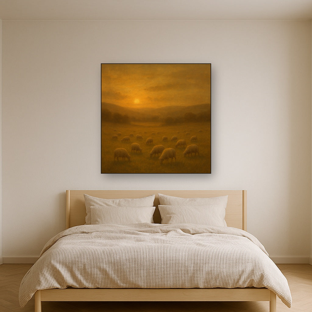 Sunset Grazing Flock in Golden Valley No. 5 Oil Painting - View 3