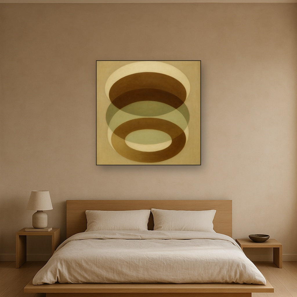 Floating Ellipse Harmony in Walnut & Pale Sage No. 13 Oil Painting Staged Above Master Bed in Bedroom, Calming Neutral Hand Painted Oil Art