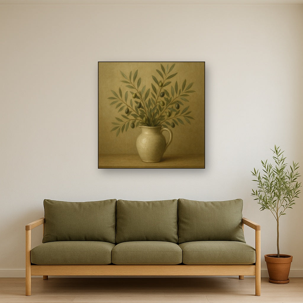 Wild Olive Sprigs in Stoneware Pitcher No. 10 Oil Painting Staged Above Master Bed in Bedroom, Calming Neutral Hand Painted Oil Art