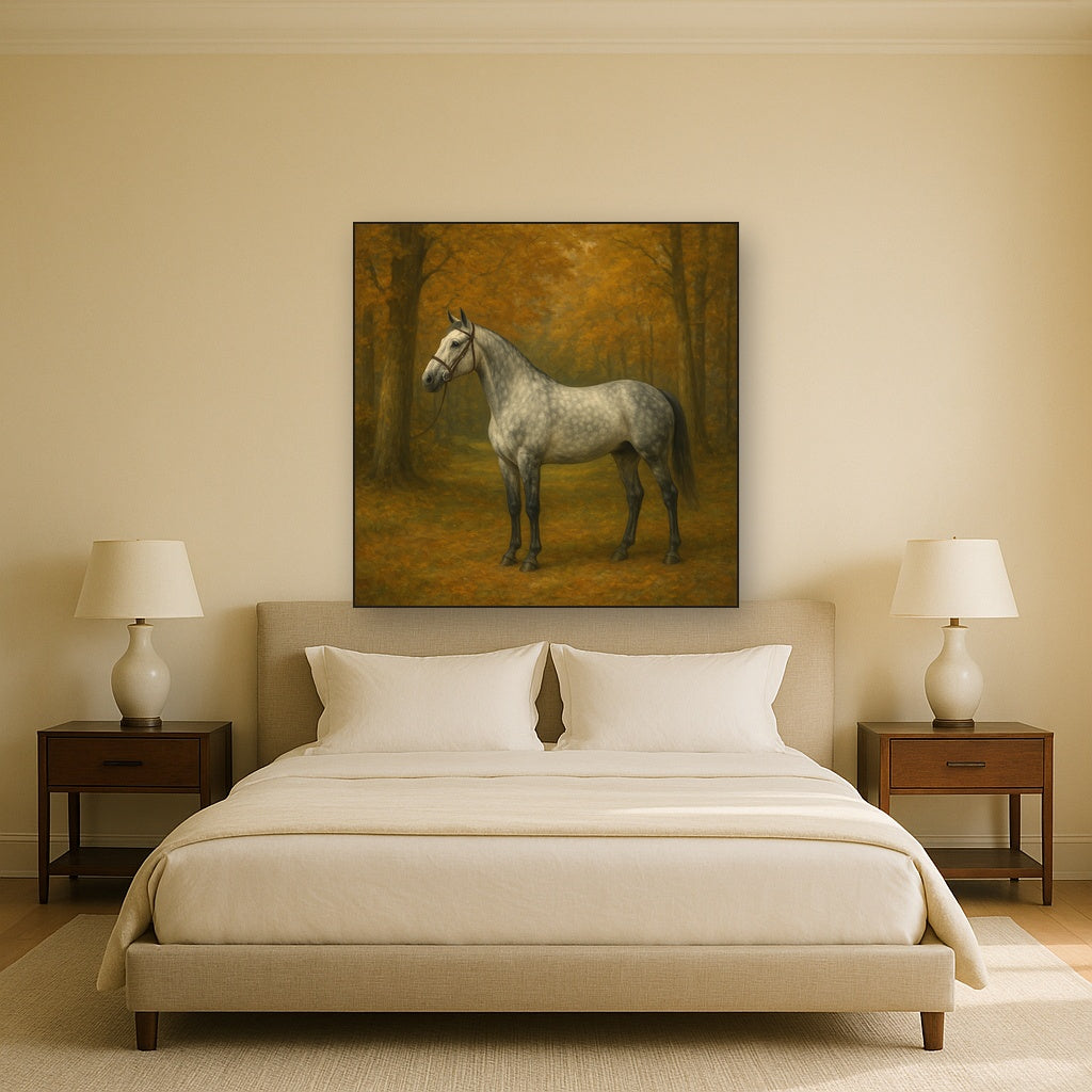 Dappled Grey Hunter in Autumn Woodland No. 7 Oil Painting Staged Above Master Bed in Bedroom, Calming Neutral Hand Painted Oil Art
