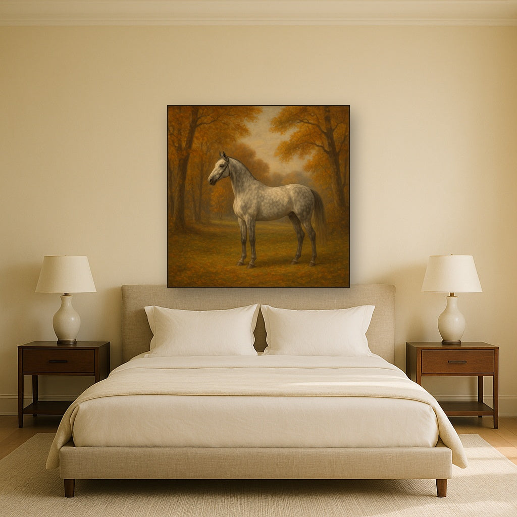 Dappled Grey Hunter in Autumn Woodland No. 11 Oil Painting Staged Above Master Bed in Bedroom, Calming Neutral Hand Painted Oil Art
