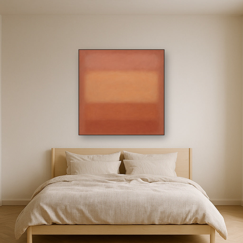 Blush Rose & Dusky Terracotta Ambient Glow No. 27 Oil Painting Staged Above Master Bed in Bedroom, Calming Neutral Hand Painted Oil Art