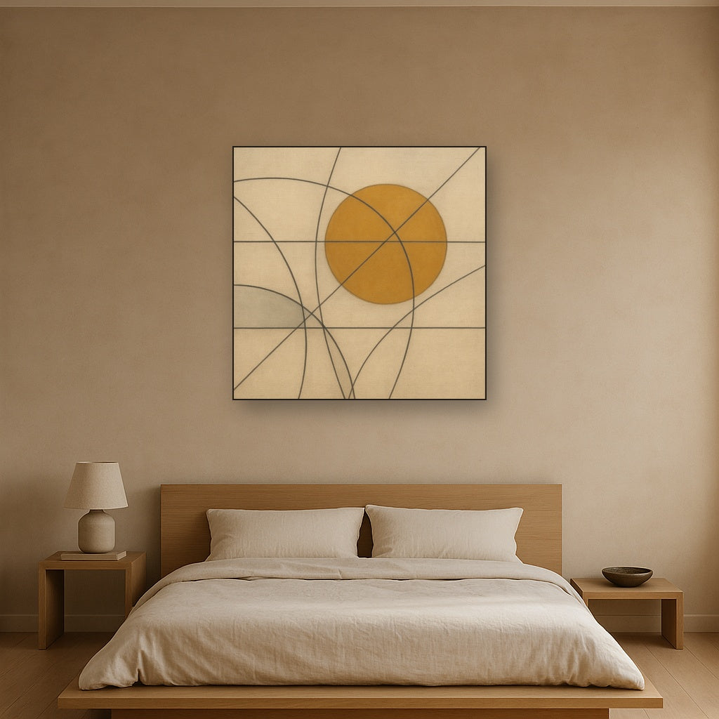 Abstract Tangent Lines & Earthy Ochre Disc No. 16 Oil Painting - View 3