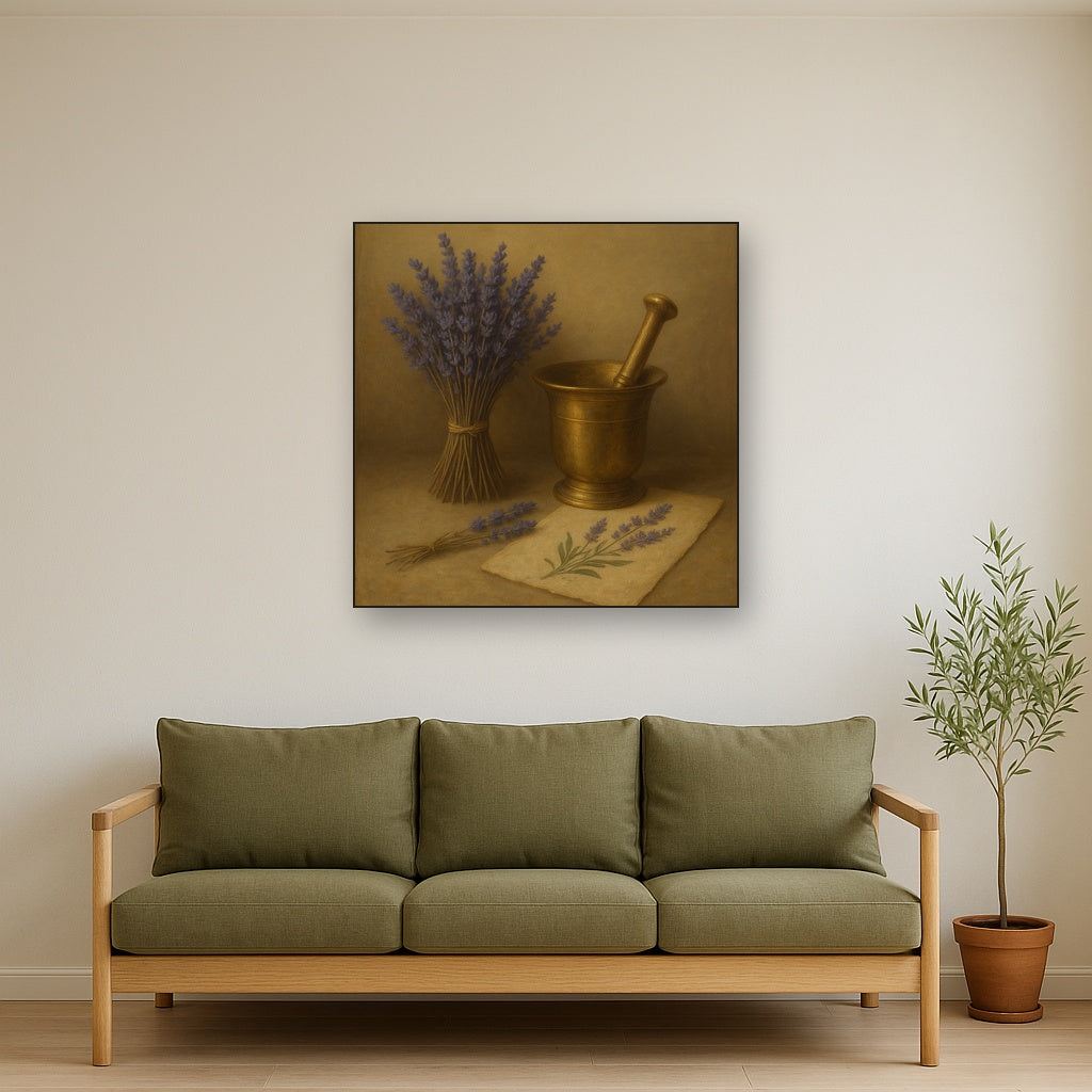 Lavender Herbarium & Mortar Study No. 3 Oil Painting - View 3