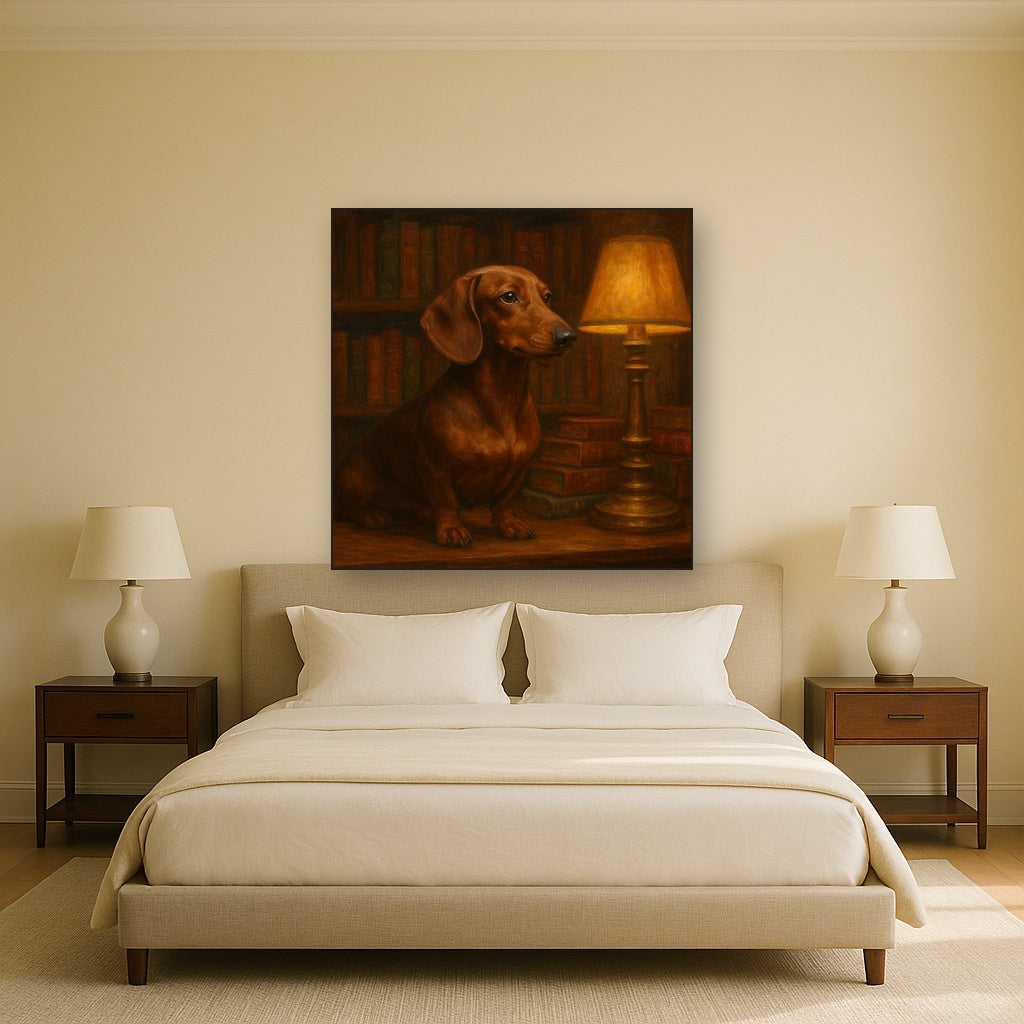 Smooth Dachshund in Moody Library Study No. 7 Fine Art Oil Painting - View 3