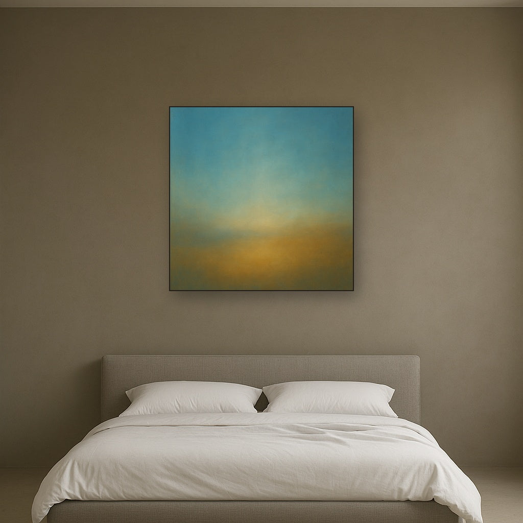 Celestial Azure & Warm Ochre Equilibrium No. 20 Oil Painting Staged Above Master Bed in Bedroom, Calming Neutral Hand Painted Oil Art