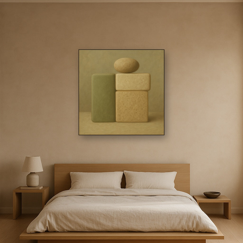 Muted Olive & Sandstone Geometric Balance No. 14 Oil Painting Staged Above Master Bed in Bedroom, Calming Neutral Hand Painted Oil Art