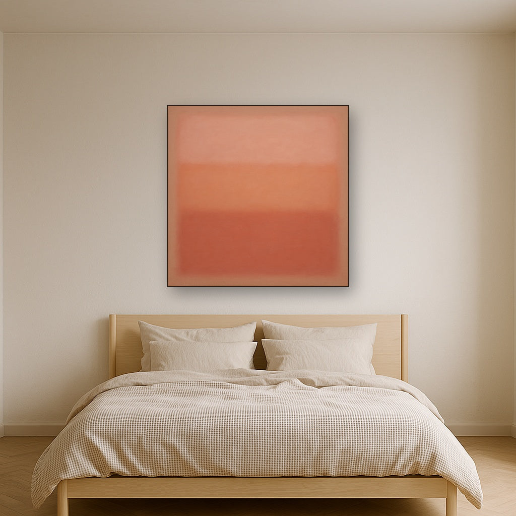 Blush Rose & Dusky Terracotta Ambient Glow No. 2 Oil Painting Staged Above Master Bed in Bedroom, Calming Neutral Hand Painted Oil Art