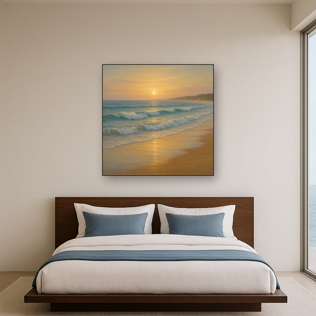 Gentle Breaking Waves & Wet Beach Reflection No. 13 Oil Painting Staged Above Master Bed in Bedroom, Calming Neutral Hand Painted Oil Art