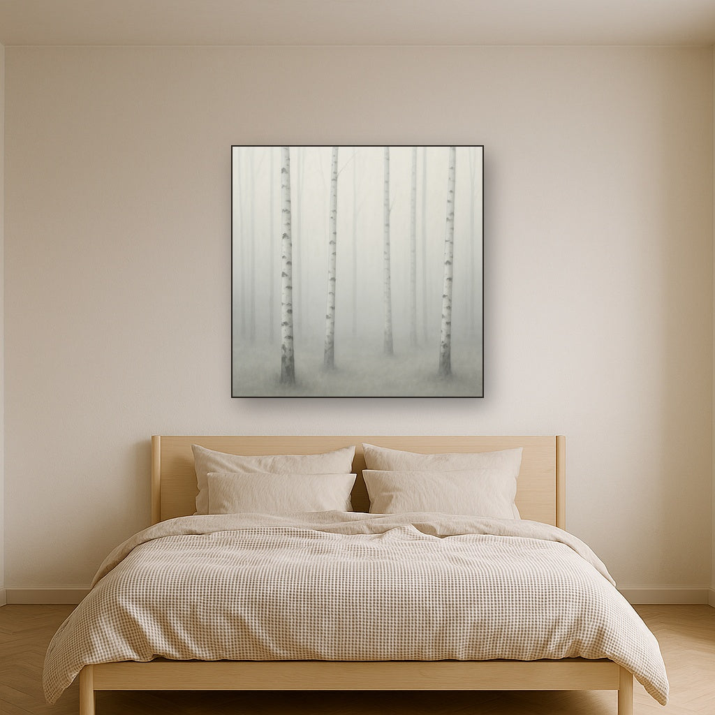 Pale Birch Woodland Silhouette in Whiteout No. 19 Oil Painting Staged Above Master Bed in Bedroom, Calming Neutral Hand Painted Oil Art