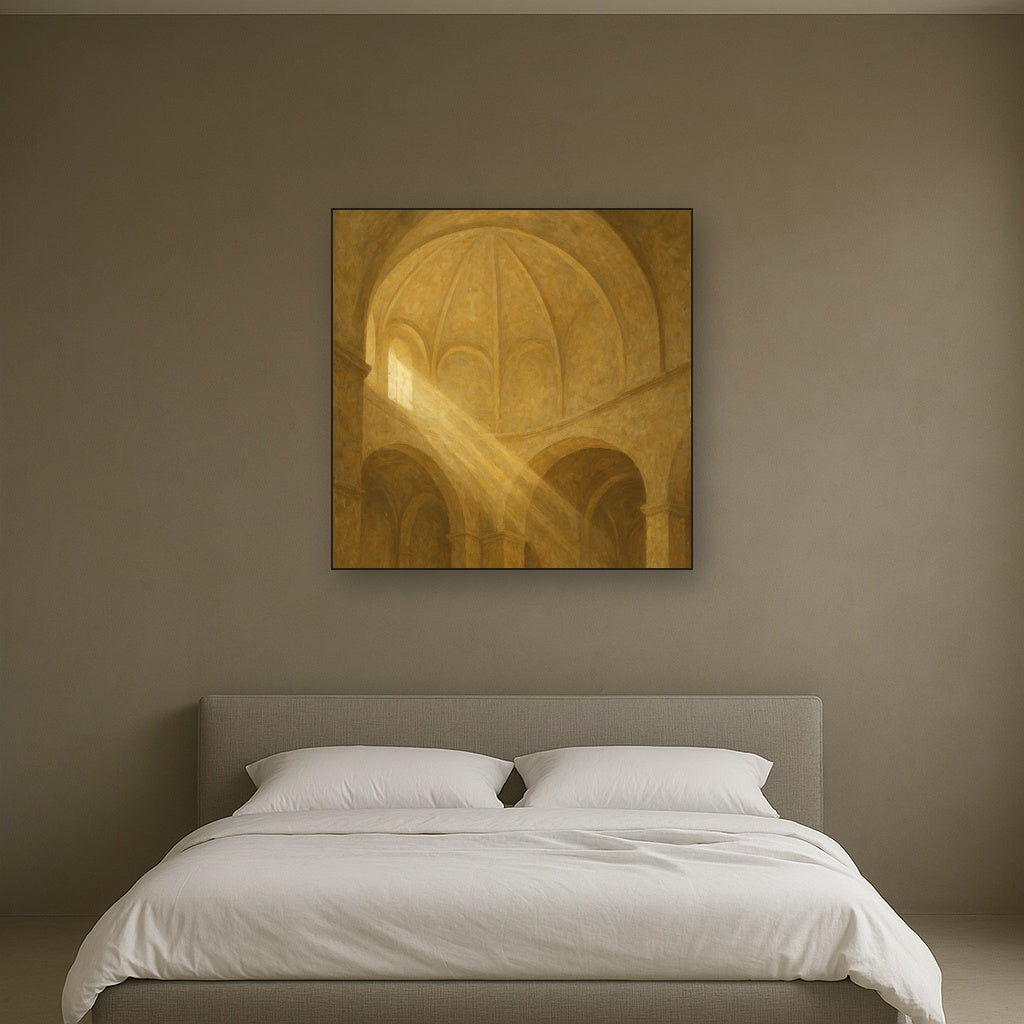 Modernist Vaulted Dome Architectural Oil Painting - Styled in Master Bedroom