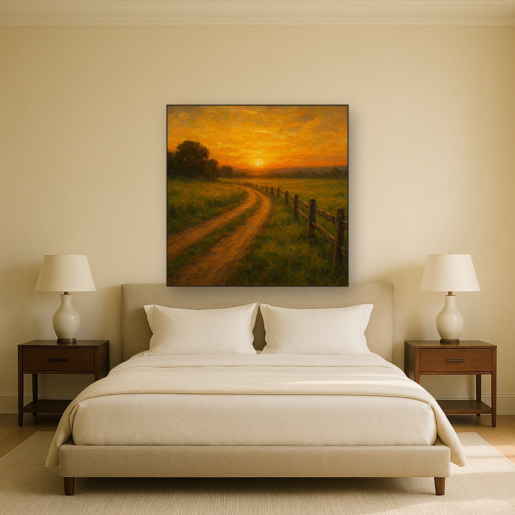 Golden Hour Country Lane & Fence No. 2 Oil Painting - Styled in Master Bedroom
