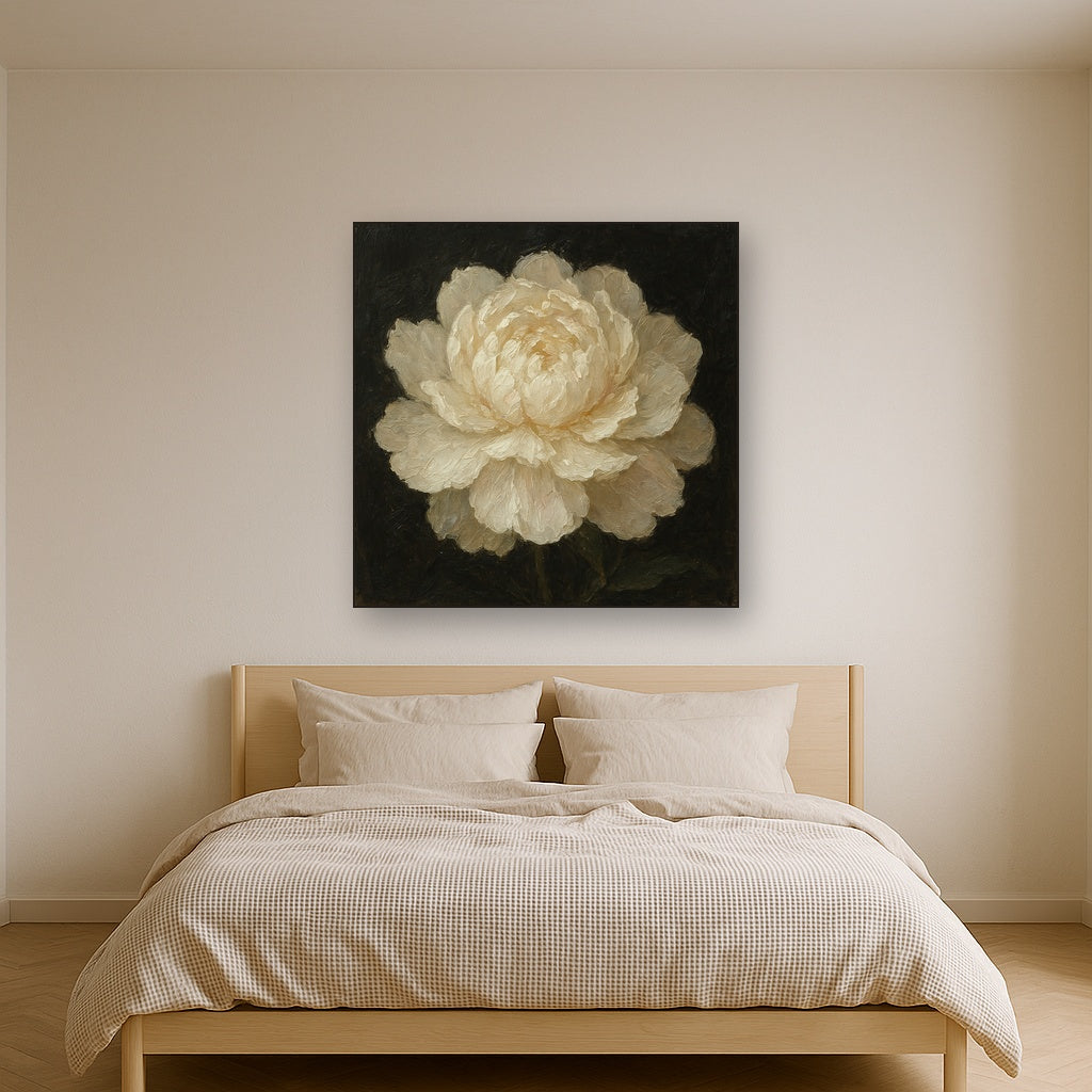 White Peony Blossom Botanical Oil Painting - Styled in Master Bedroom