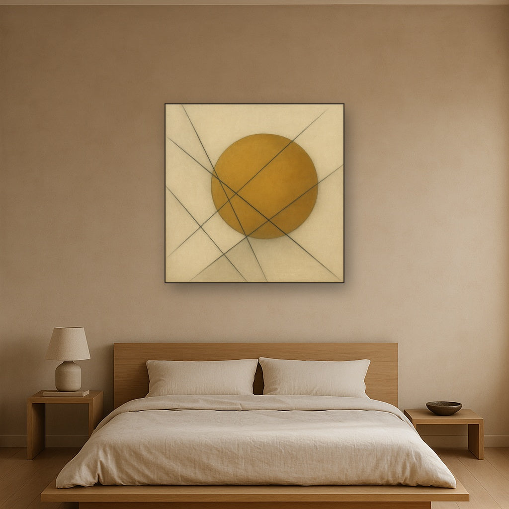 Abstract Tangent Lines & Earthy Ochre Disc No. 21 Oil Painting - View 3