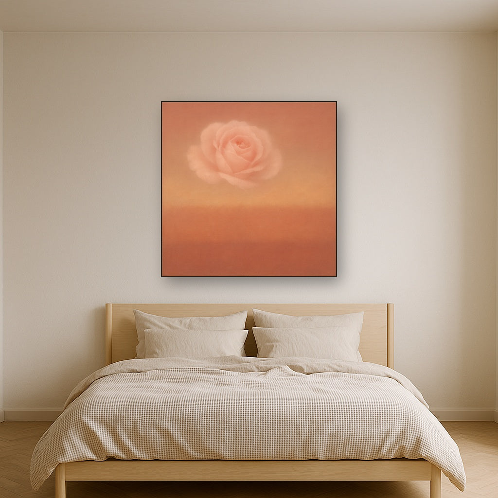 Blush Rose & Dusky Terracotta Ambient Glow No. 13 Oil Painting Staged Above Master Bed in Bedroom, Calming Neutral Hand Painted Oil Art
