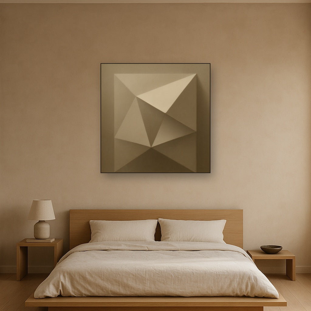 Folded Paper Geometry in Neutral Gradient Shadows No. 20 Oil Painting Staged Above Master Bed in Bedroom, Calming Neutral Hand Painted Oil Art