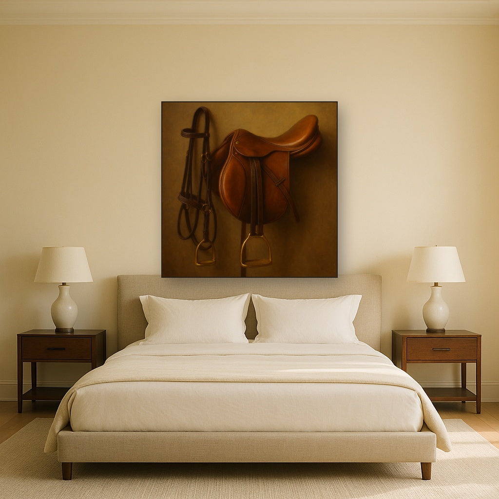 Vintage Bridle & Polished Leather Saddle No. 5 Oil Painting Staged Above Master Bed in Bedroom, Calming Neutral Hand Painted Oil Art