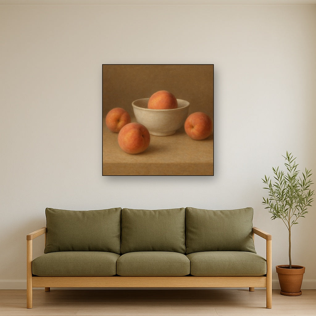 Heirloom Peaches & White Ceramic Bowl No. 8 Oil Painting Staged Above Master Bed in Bedroom, Calming Neutral Hand Painted Oil Art