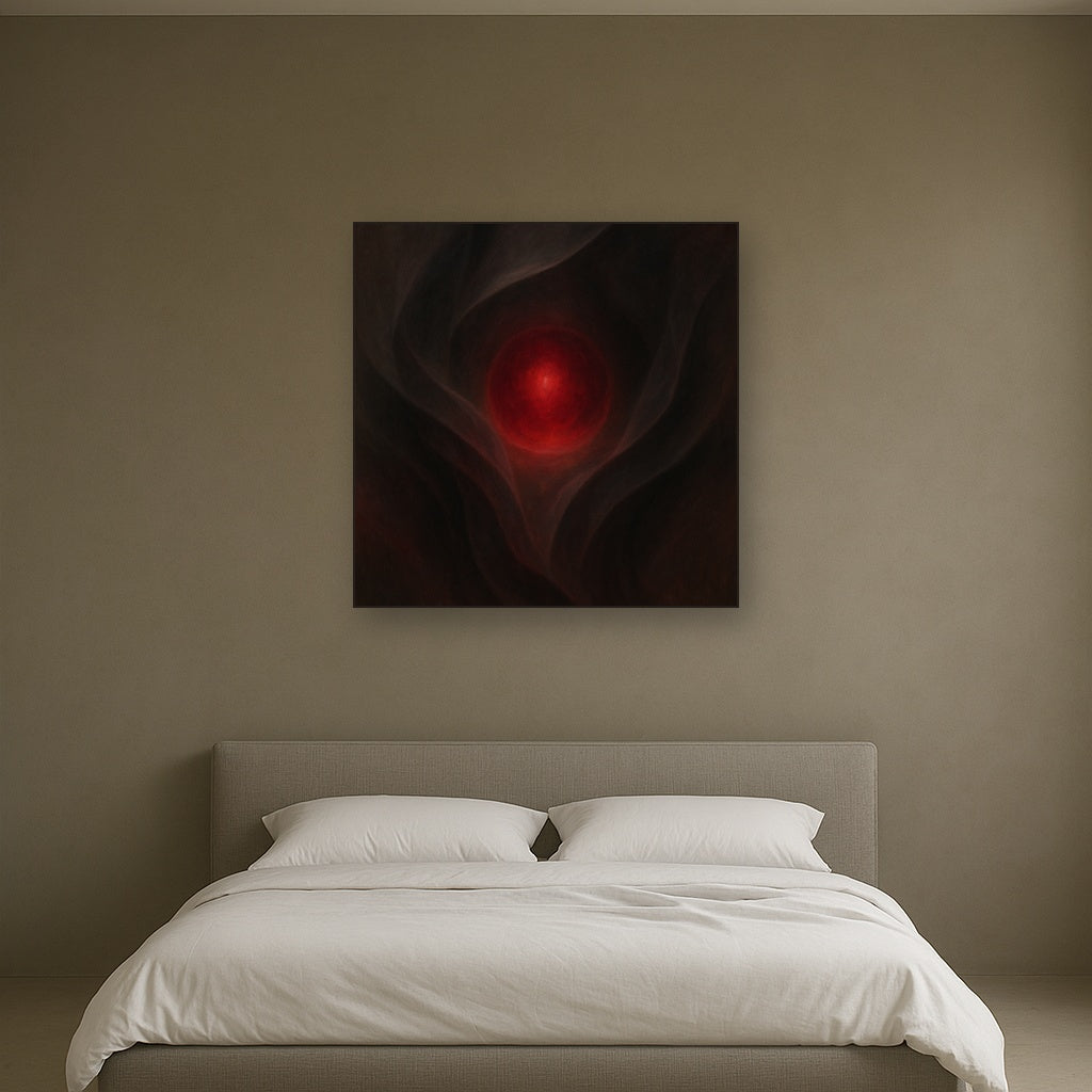 Smoky Ruby & Warm Obsidian Veils Oil Painting Staged Above Master Bed in Bedroom, Calming Neutral Hand Painted Oil Art