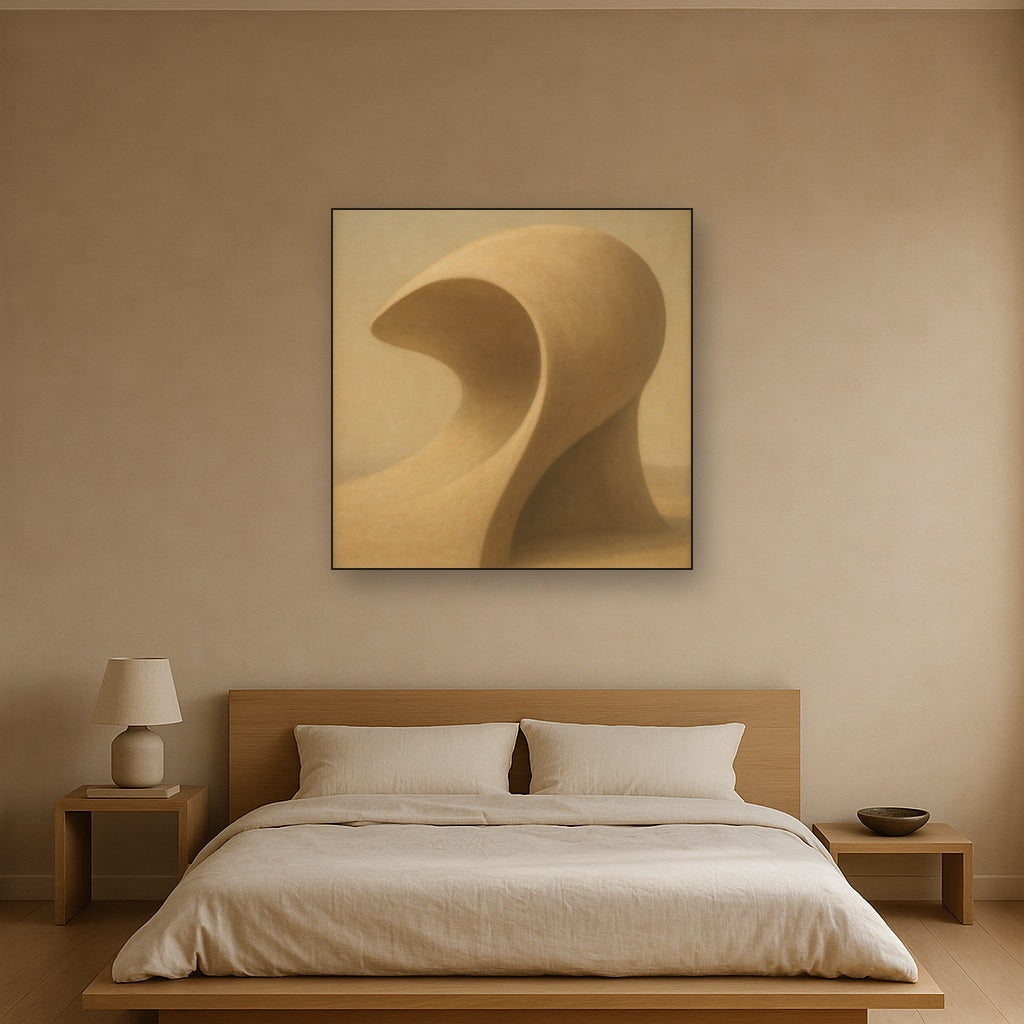 Soft Architectural Curve in Desert Bone No. 10 Oil Painting Staged Above Master Bed in Bedroom, Calming Neutral Hand Painted Oil Art
