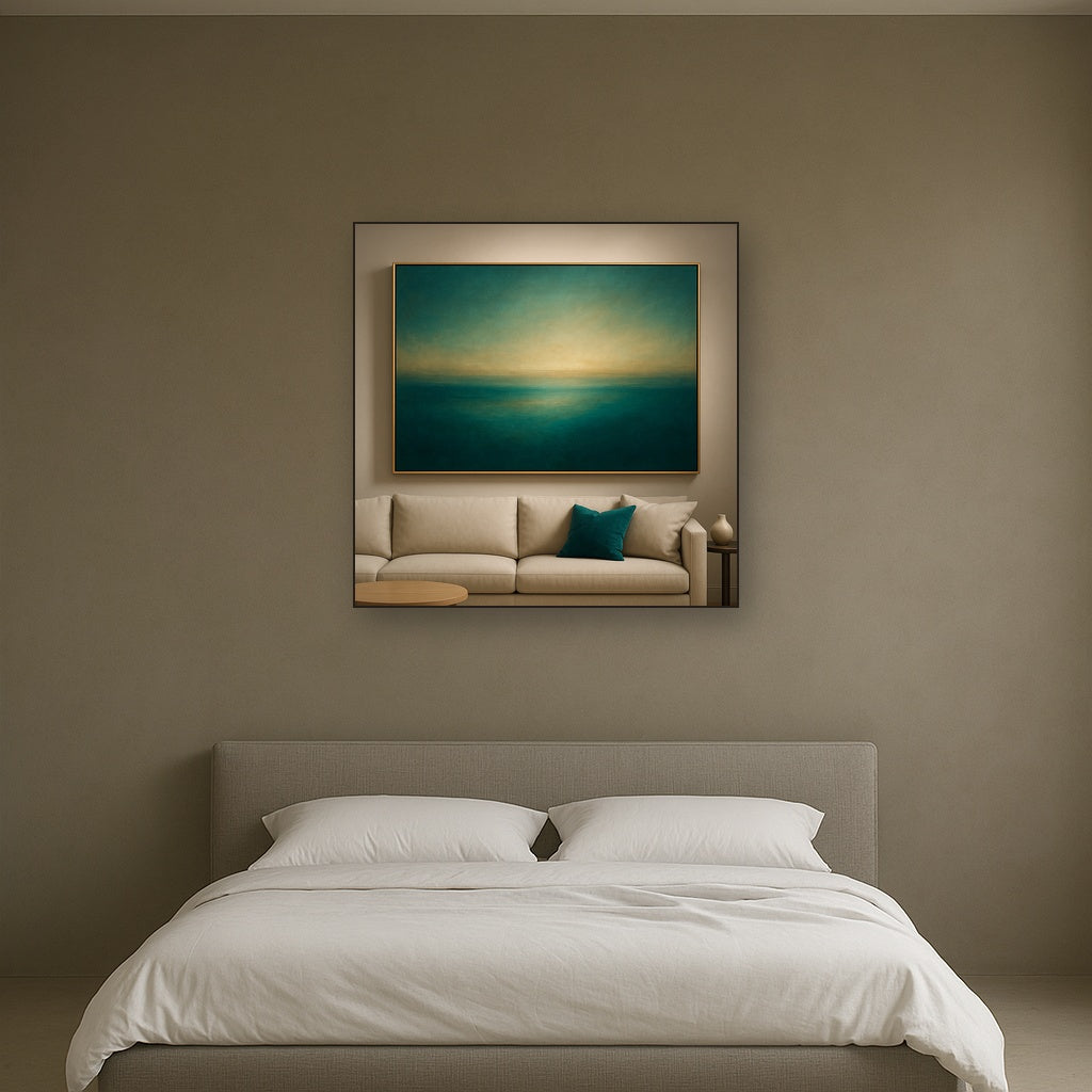Peacock Teal & Champagne Gold Horizon No. 6 Oil Painting Staged Above Master Bed in Bedroom, Calming Neutral Hand Painted Oil Art