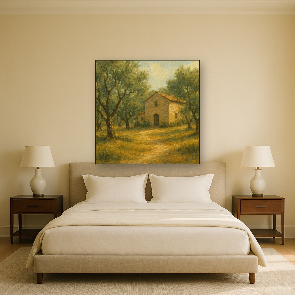 Vintage Olive Grove & Stone Farmhouse No. 4 Oil Painting - Styled in Master Bedroom