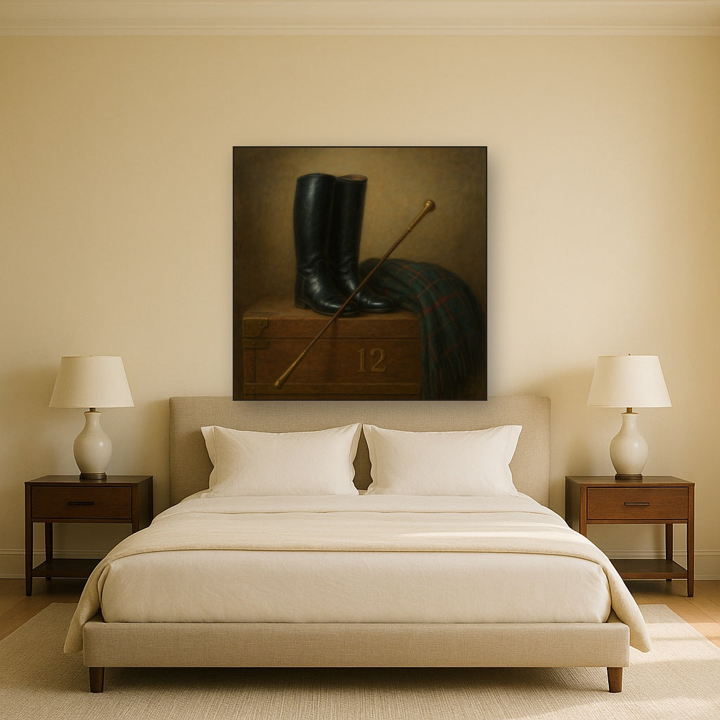 Vintage Riding Boots & Brass Crop on Trunk No. 12 Oil Painting Staged Above Master Bed in Bedroom, Calming Neutral Hand Painted Oil Art