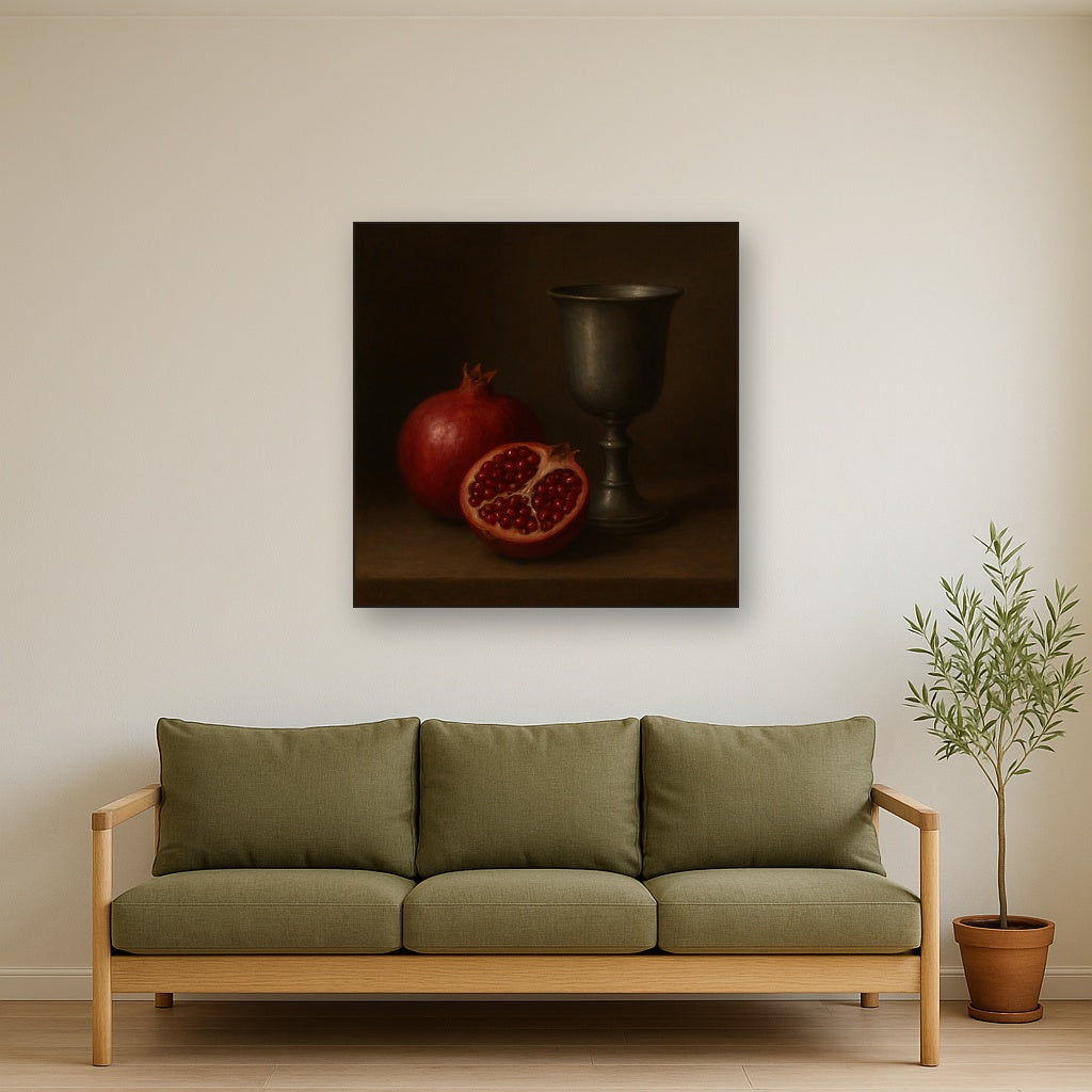 Pomegranate & Vintage Pewter Goblet No. 4 Oil Painting - View 3