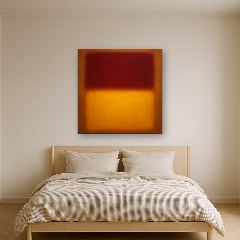 Crimson Burgundy & Saffron Gold Color Vibrations No. 12 Oil Painting Staged Above Master Bed in Bedroom, Calming Neutral Hand Painted Oil Art